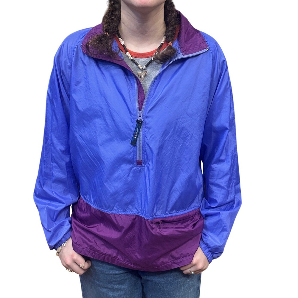 LL Bean Womens Vintage Half Zip Windbreaker Jacket Purple Colorblock Medium